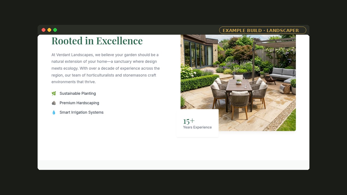Example build on a phone: a landscaper’s website viewed on mobile