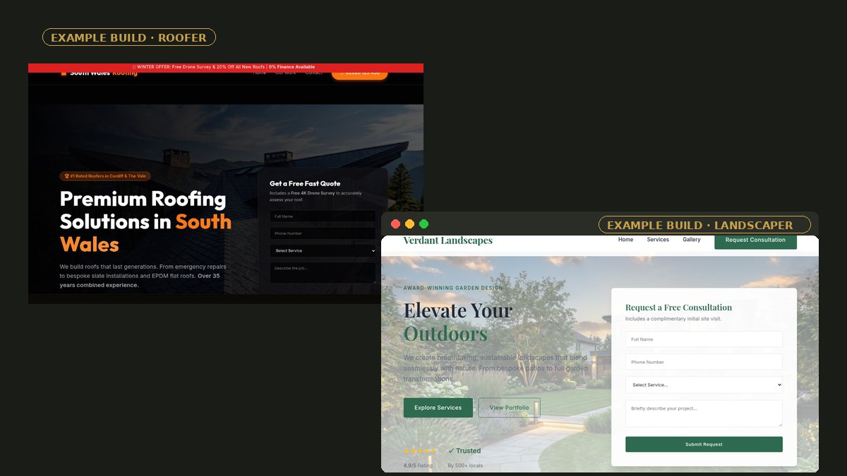 Two example builds side by side: a roofer’s website and a landscaper’s website